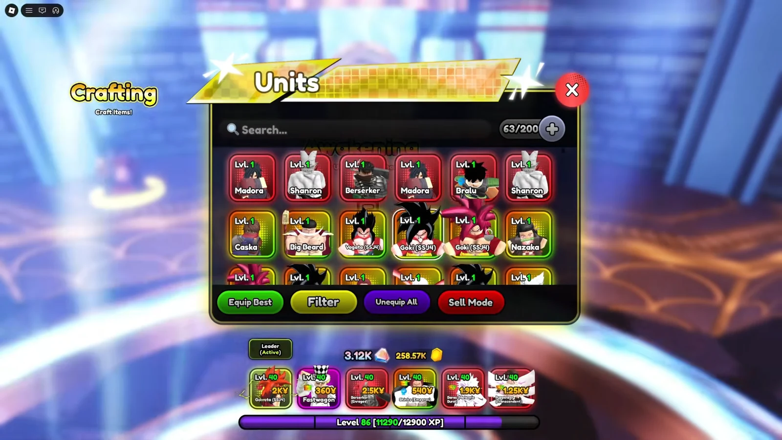 Units menu roster with Equip Best, Filter, Unequip All, and Sell Mode