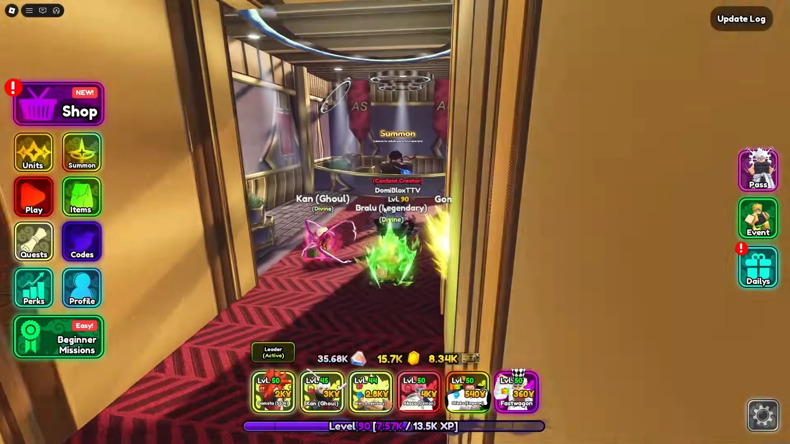 Players standing at the in-world Summon station with the hub menu open