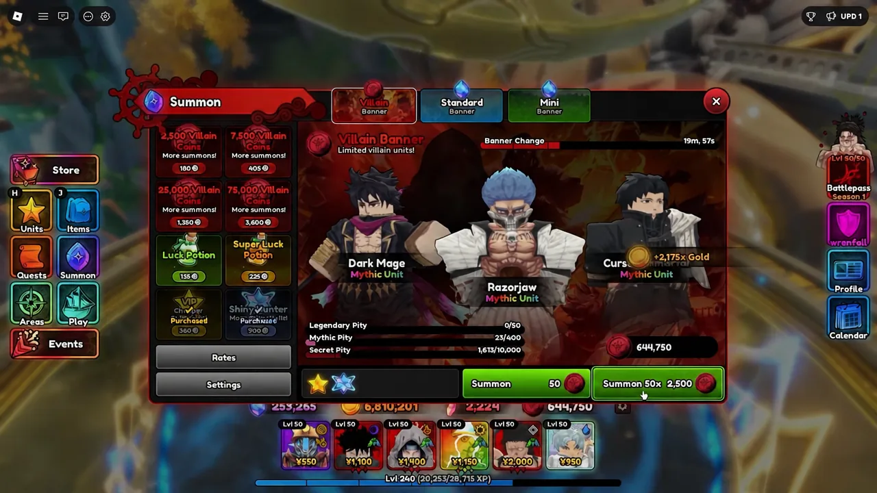Summon screen with the 50x multi-summon button priced at 2,500 highlighted