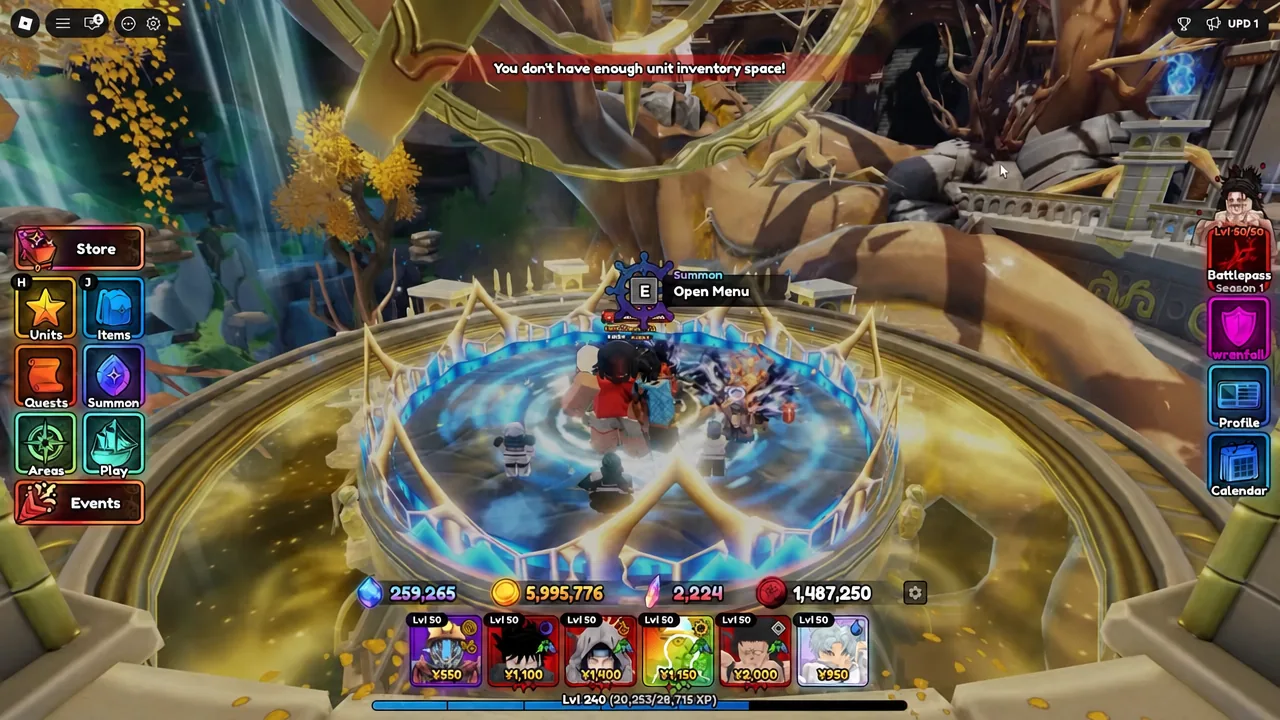 Summon blocked by an insufficient unit inventory space warning in the lobby