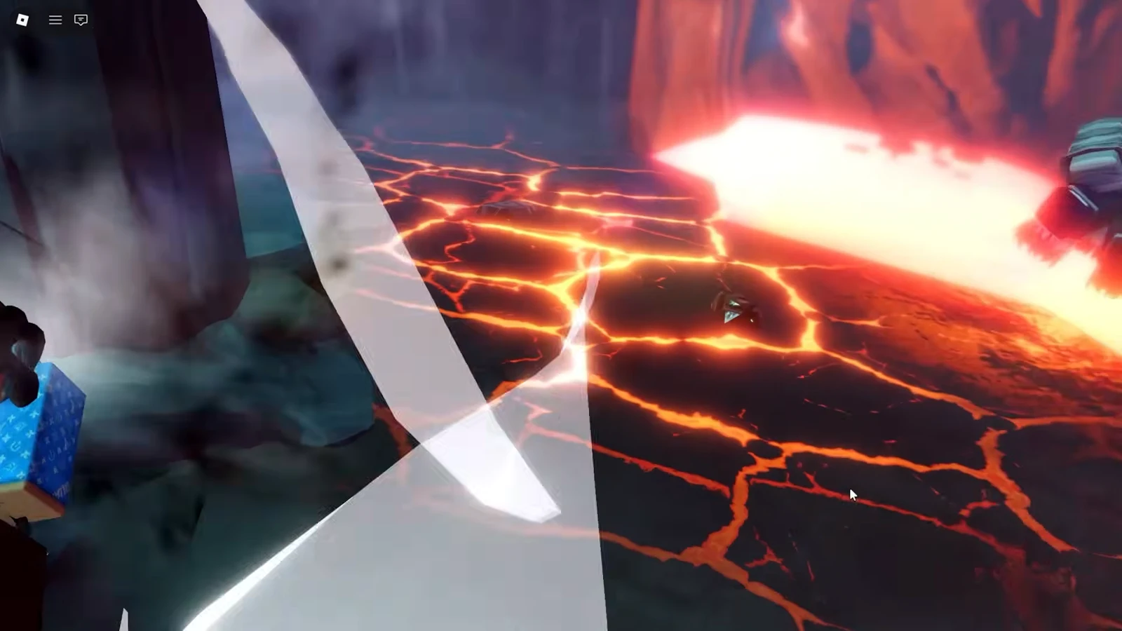 Secret summon cutscene playing in a lava arena as a white slash effect sweeps the screen