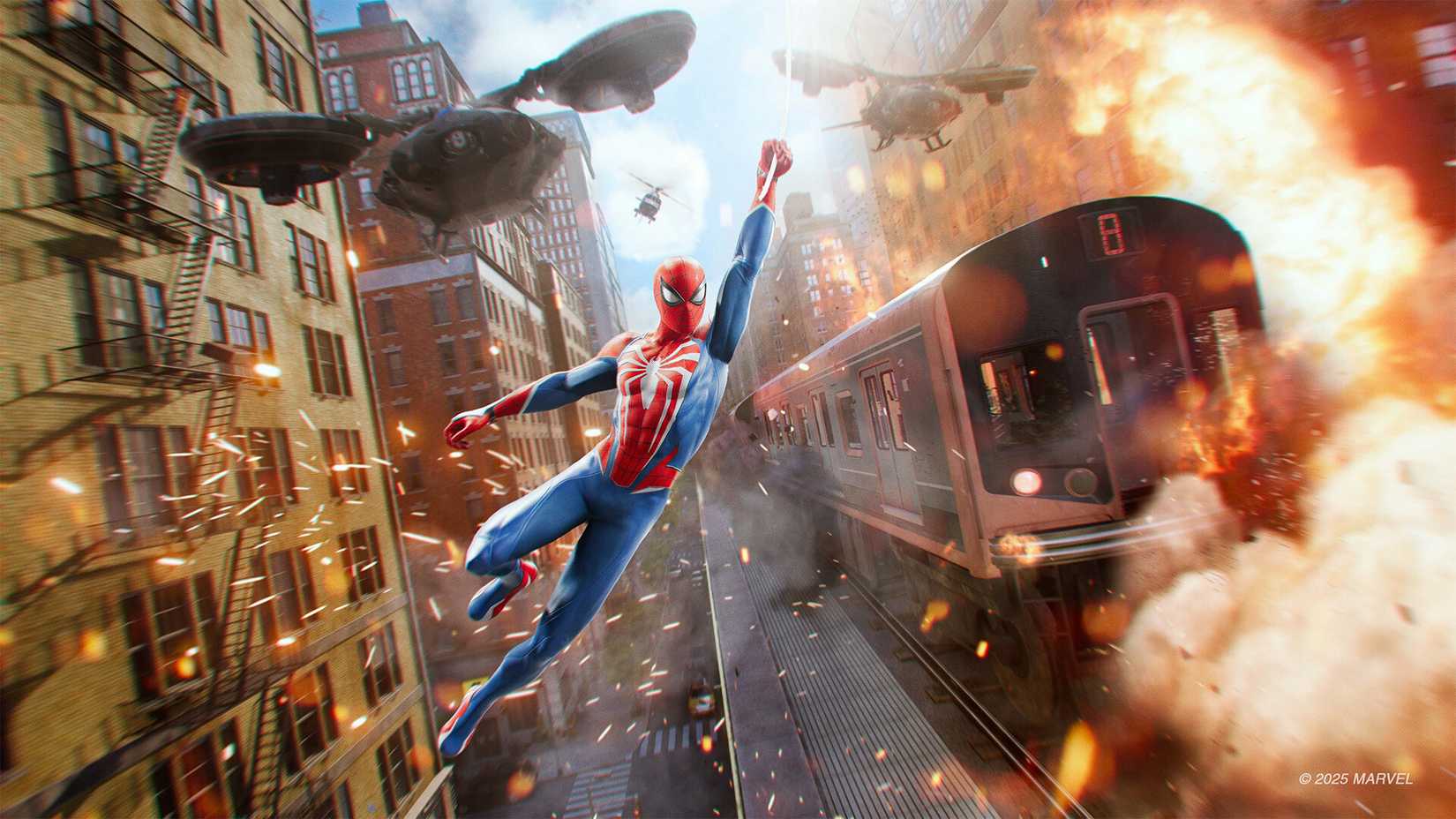 Spider Man swinging after a train while being chased by drones in Marvel's Spider-Man 2