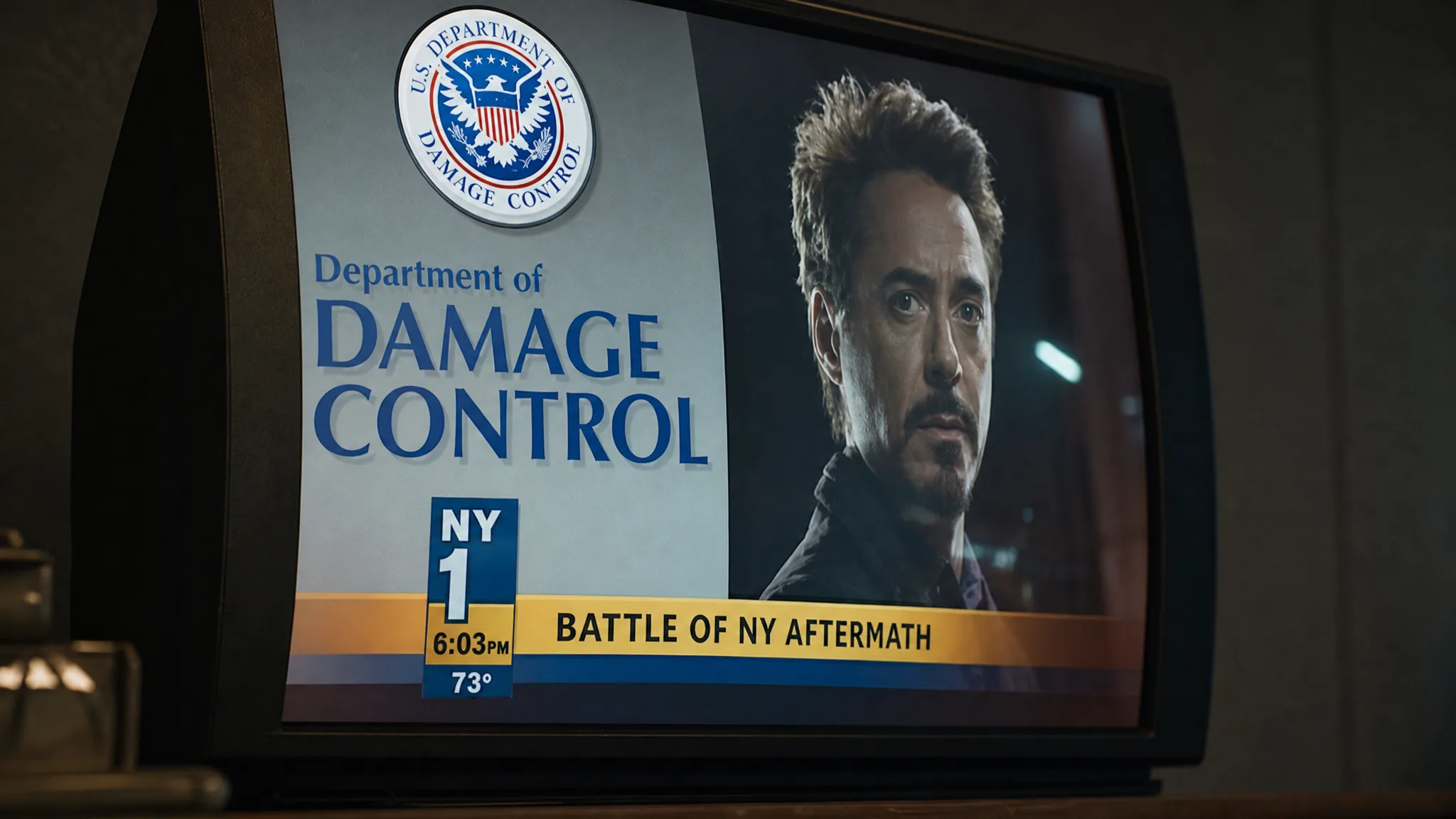 A TV screen displaying a news report featuring a shot of Tony Stark next to the logo of the Department of Damage Control in Spider-Man: Homecoming