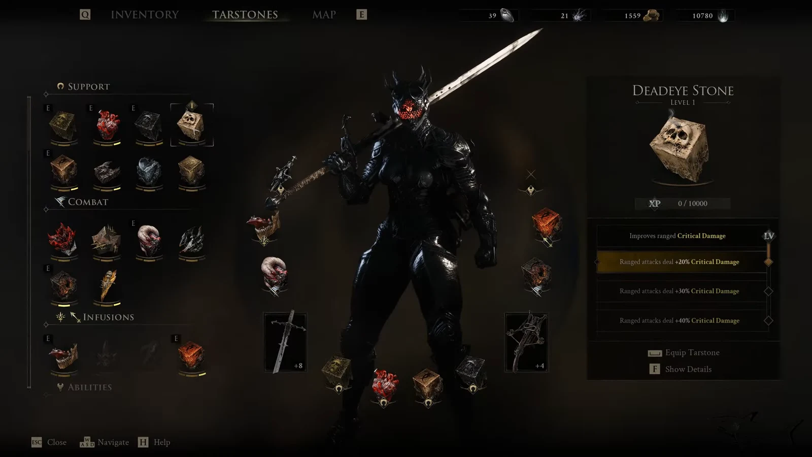 Tarstones inventory showing the Deadeye Stone at Level 1 with the ranged critical damage bonus highlighted