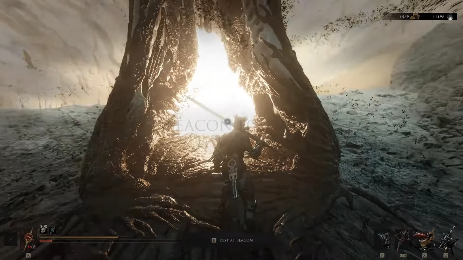 Rest at Beacon prompt shown as the player approaches the Pulsing Caves beacon