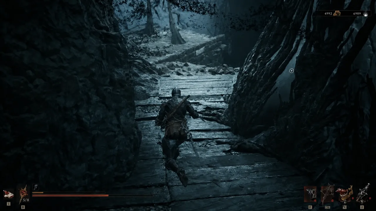 Player character running along a rocky path on the approach to the Executioner's Pulpit beacon