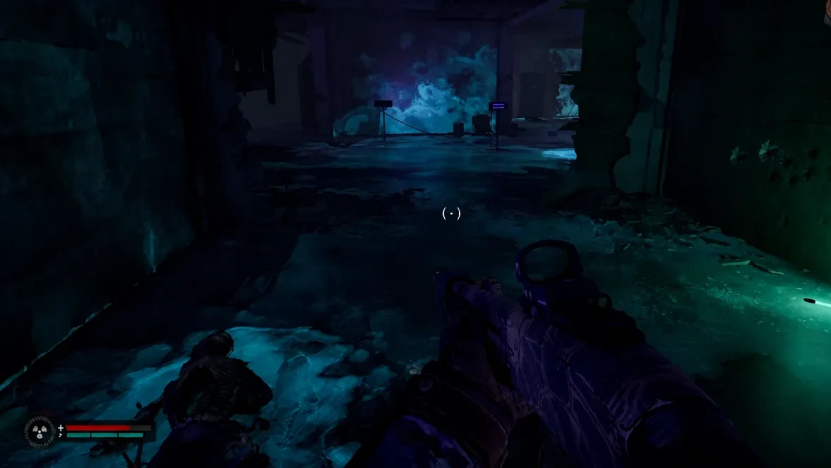 Rifle aimed down a dark corridor with a crouched companion moving ahead during Power of Mind