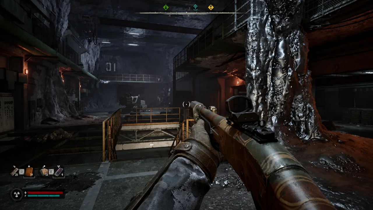 Player aiming a rifle across an industrial cavern on the way to the mercury level door