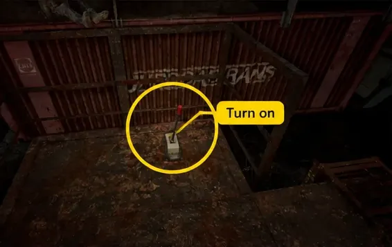 Wall switch with the Turn on prompt visible, followed by the jumping route across industrial platforms.