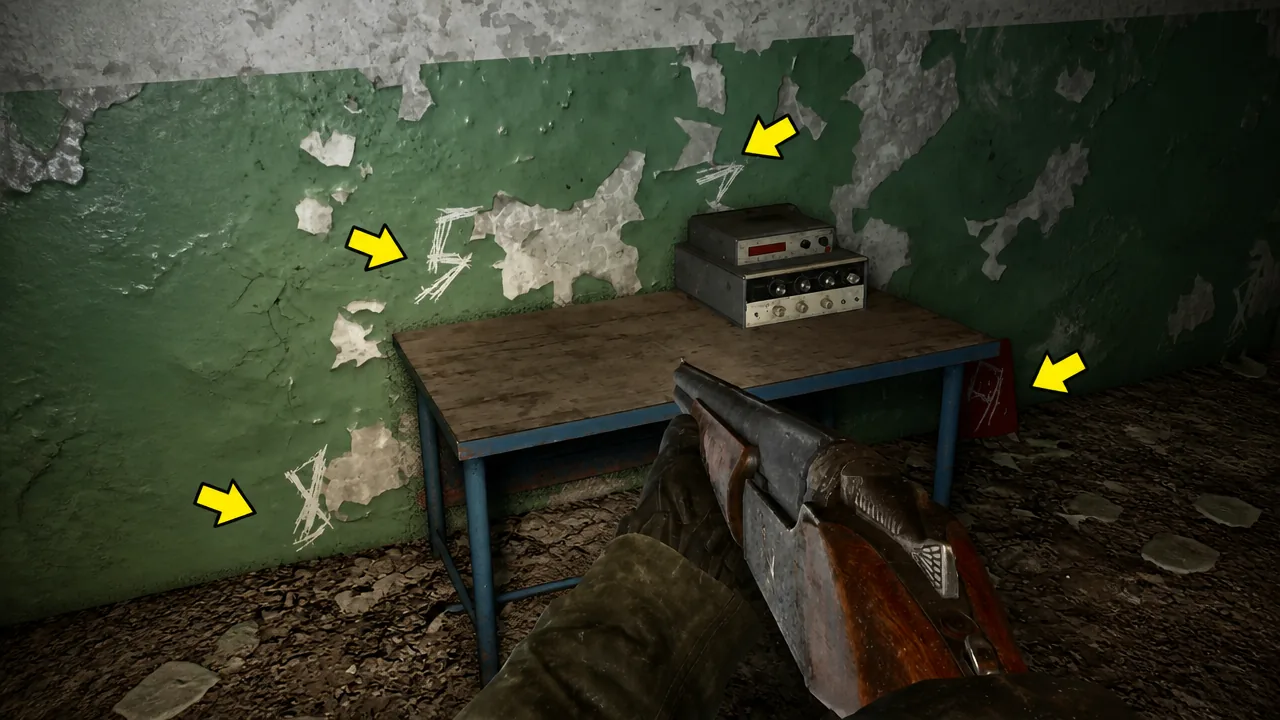 Four white digits marked on the wall near a table and stove, indicating the locker combination.