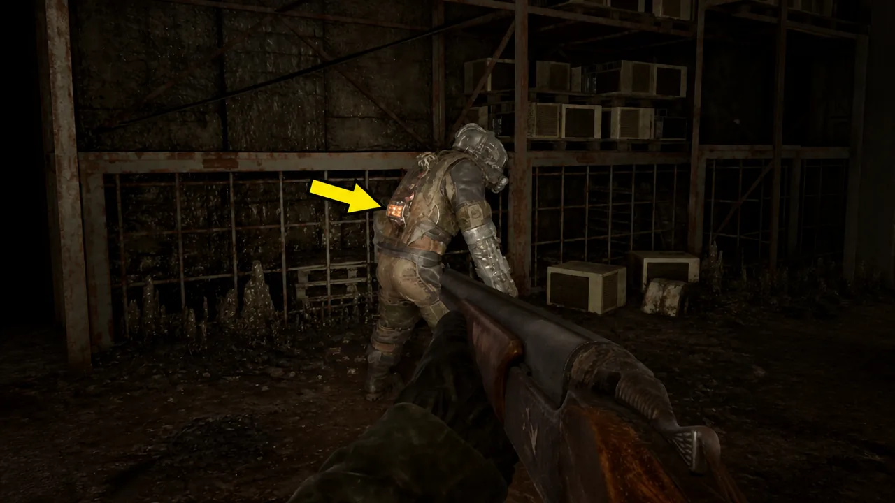 Yellow arrow pointing at the glowing device on the Amok's back while the player aims a shotgun.