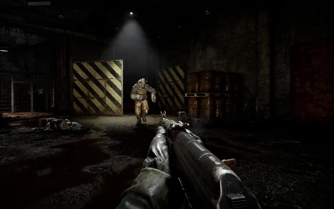 Shotgun aimed at the armored Amok as it charges, with a marker pointing left to sidestep.
