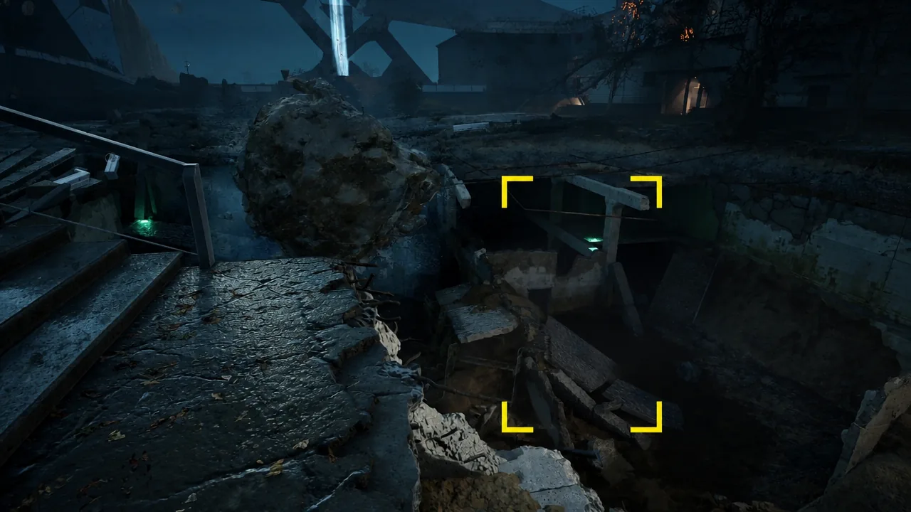 Broken ledge marked with yellow brackets showing where to drop down to the lower level