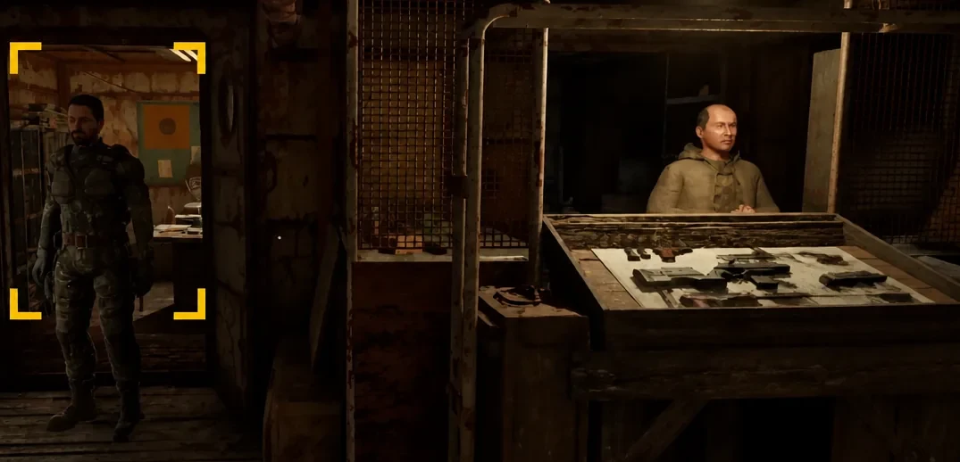 Armored NPC marked with yellow brackets beside a weapons vendor counter inside the Sultansk base