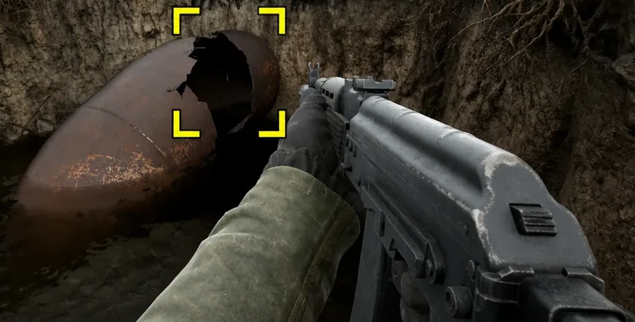 First-person view of a torn opening in a rusted pipeline highlighted by the interaction reticle