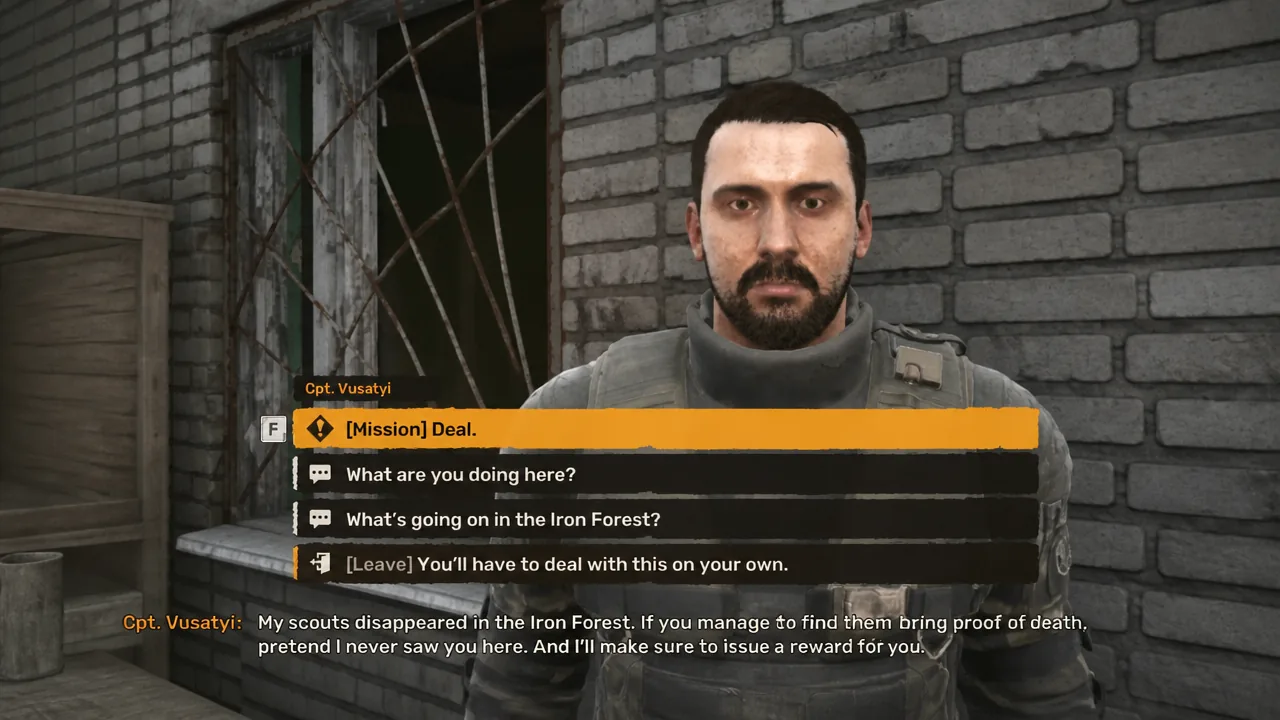 Dialogue wheel with Cpt. Vusatyi and the mission option Deal highlighted