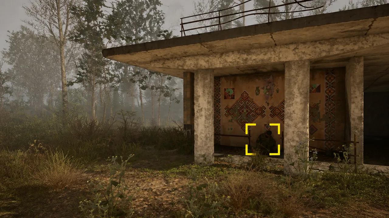 Yellow interaction brackets highlight a seated stalker in a doorway at the Slag Heap base