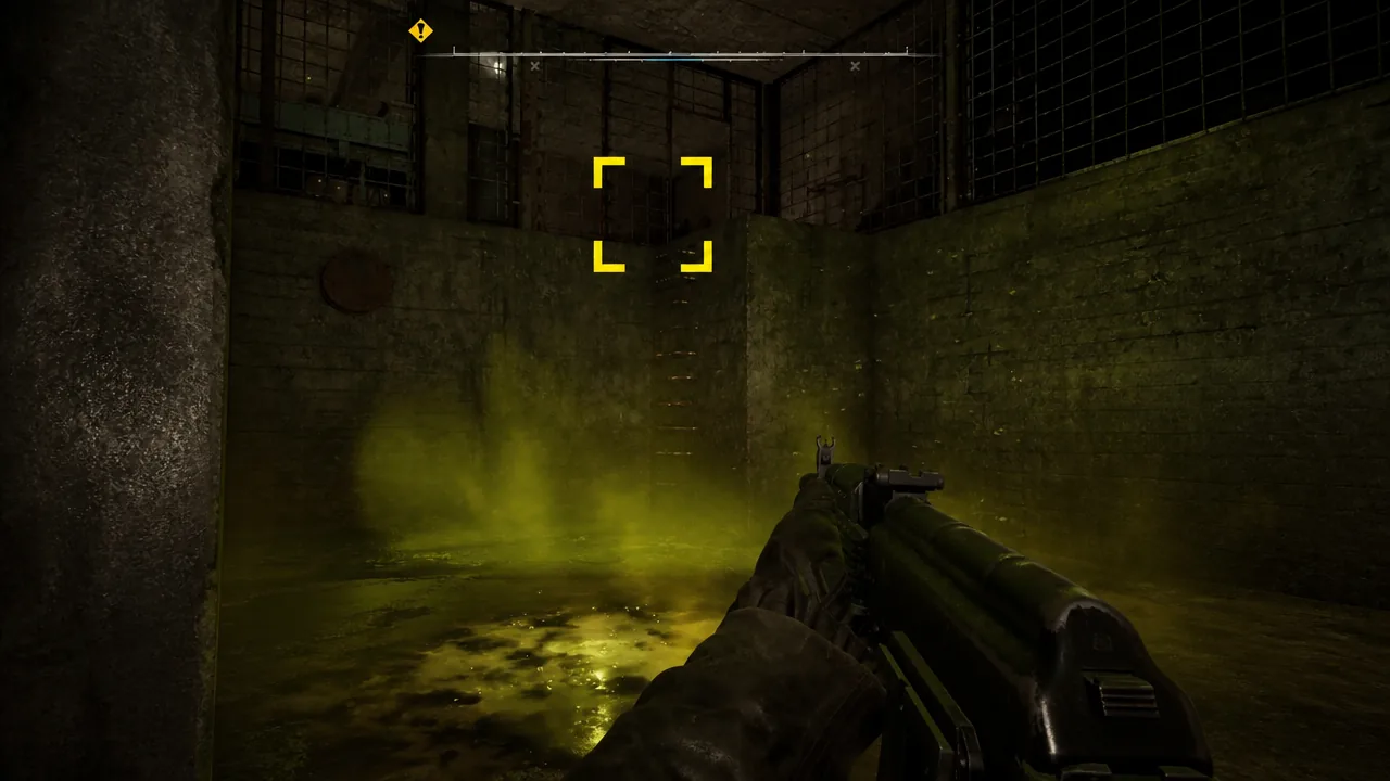 Player aiming at a metal ladder inside the tunnel, highlighted by the yellow interaction reticle