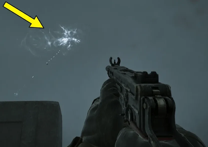 Player aiming a weapon at a bright glowing anomaly marked with a yellow indicator during the tower encounter