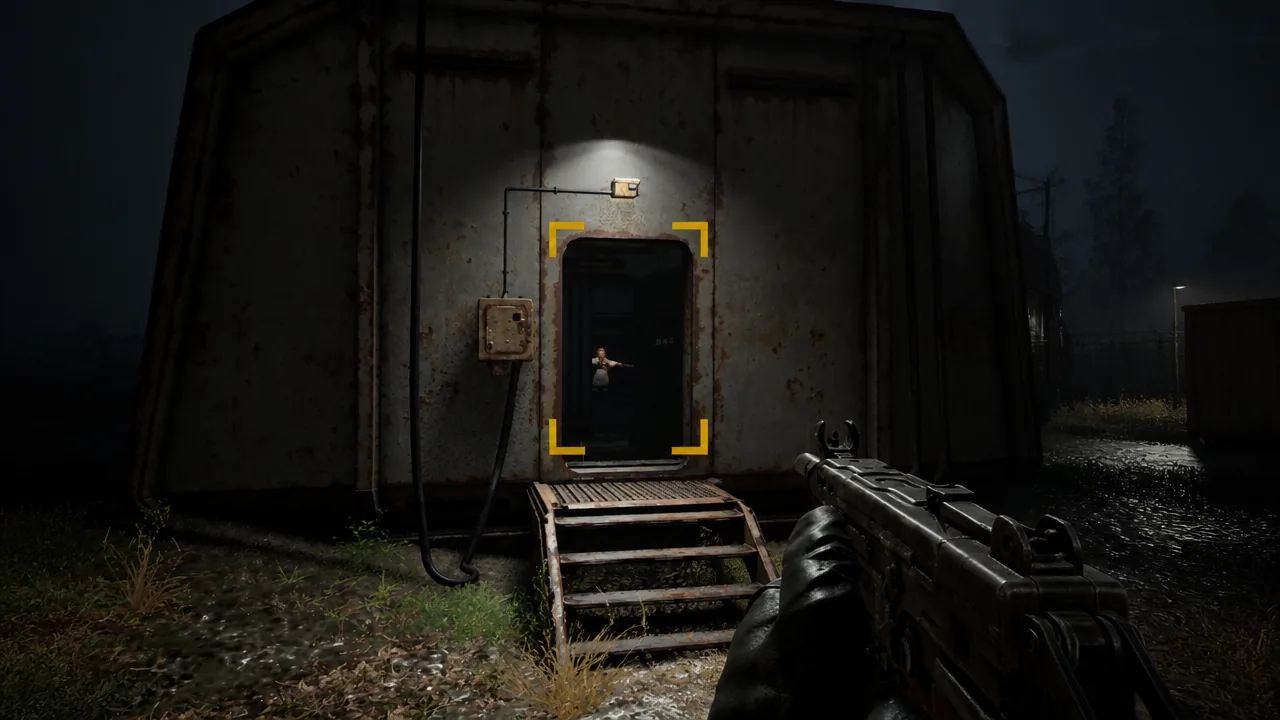 Open doorway on the far side of the workshop rooftop highlighted with a yellow interaction bracket