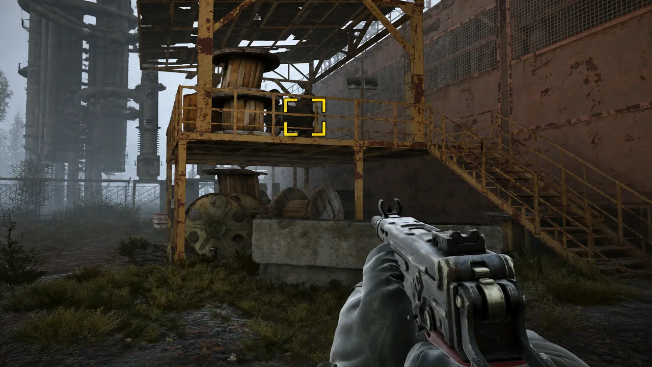 Yellow interaction prompt appearing on an object along the industrial platform during the tower climb