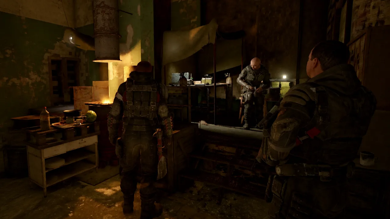 Player approaching two armored characters talking at a dimly lit interior counter