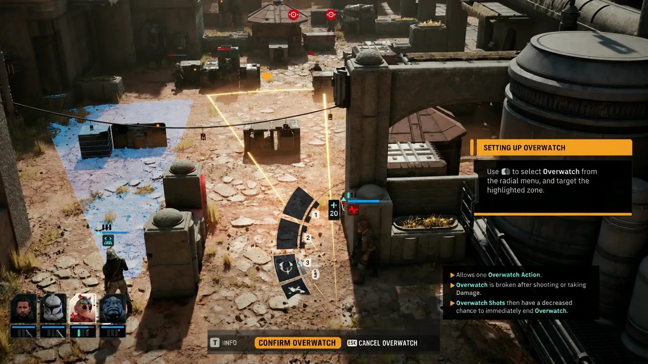 Overwatch highlighted in the radial menu while the player aims the highlighted overwatch zone