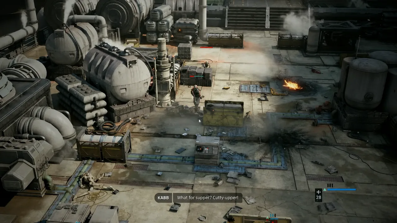Operator moving across an industrial battlefield with the combat HUD visible
