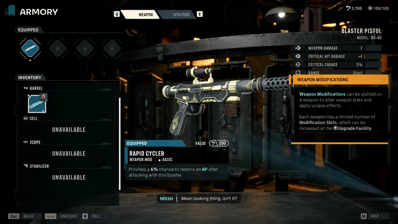 Armory weapon tab with the Rapid Cycler mod highlighted and its effects listed