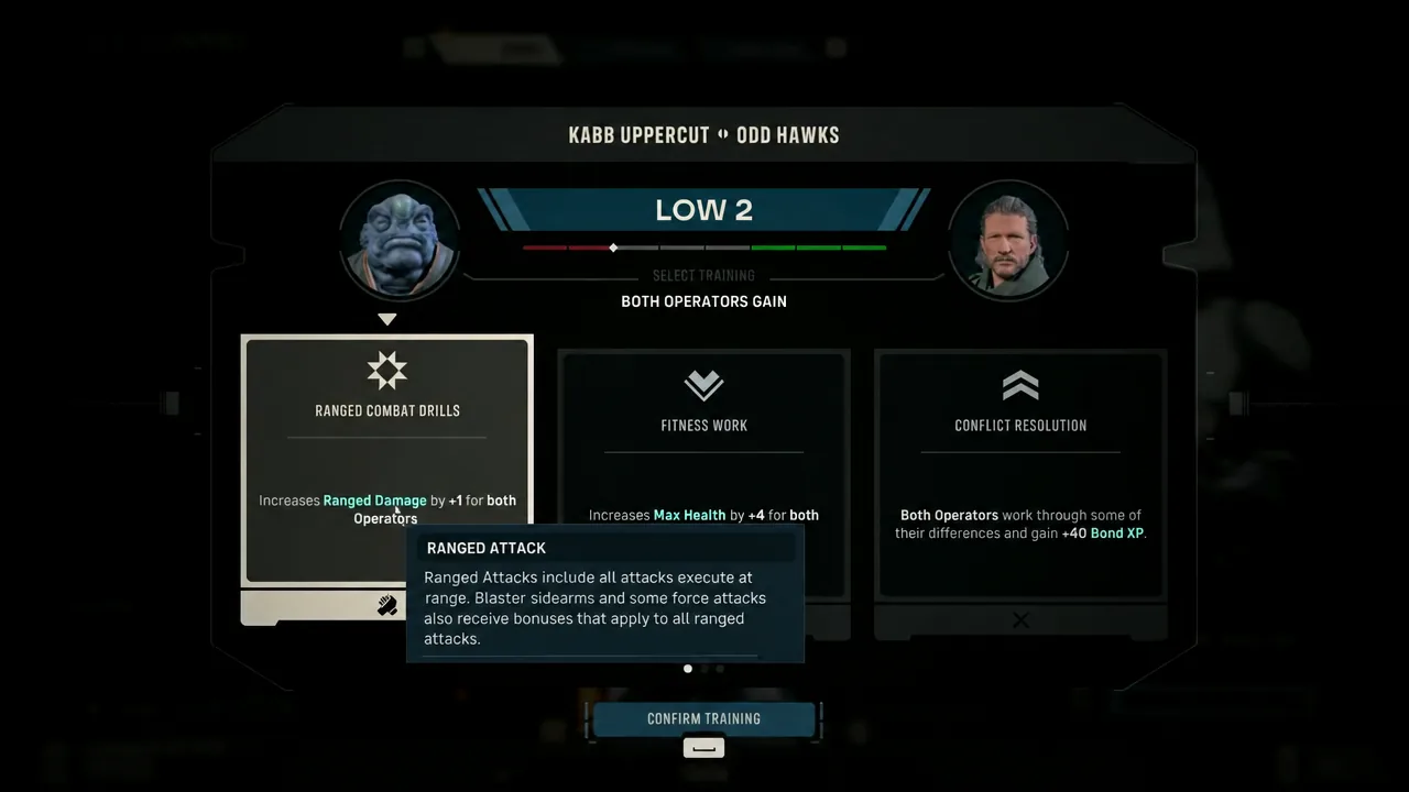 Training screen with Ranged Combat Drills highlighted and the Ranged Attack tooltip open