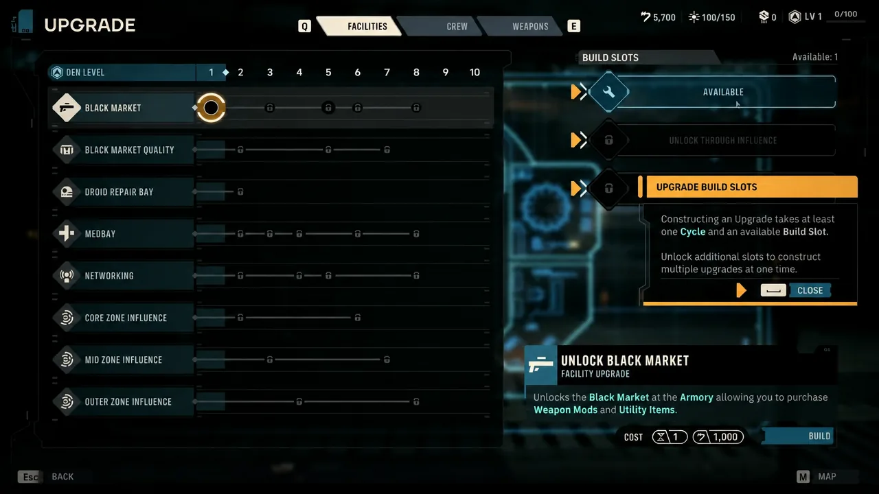 Facilities tab of the Upgrade screen with Black Market selected for an available build slot