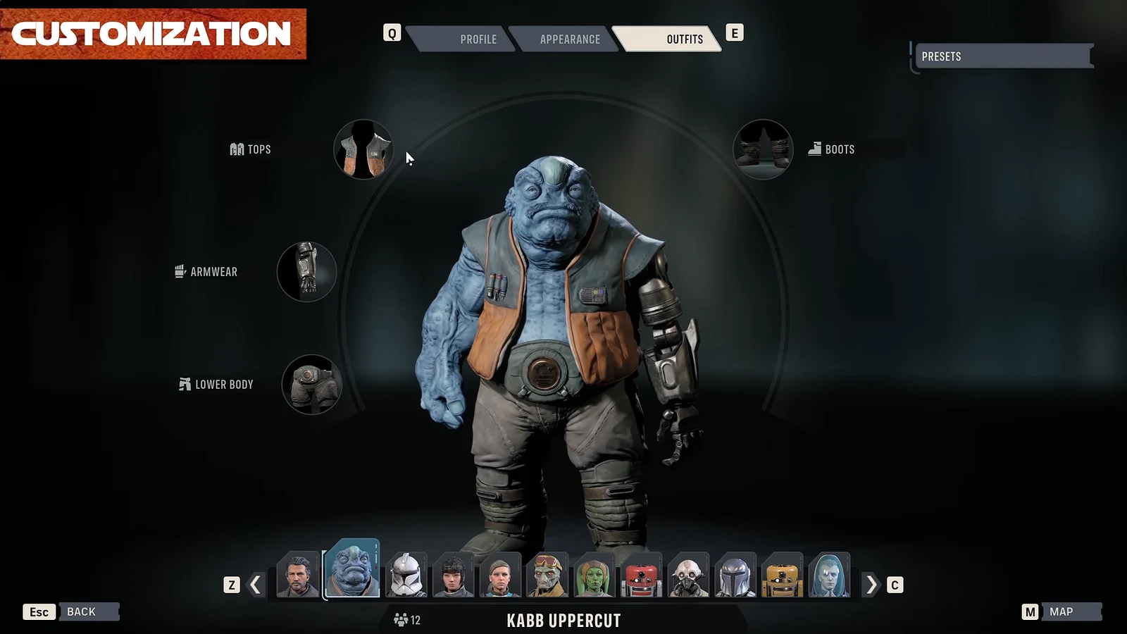 Outfits tab open for Kabb Uppercut showing tops, armwear, lower body, and boots categories
