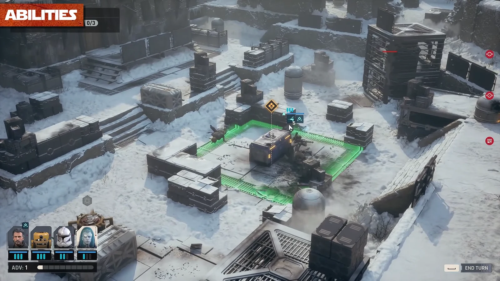 Abilities screen previewing an area-of-effect ability over green highlighted tiles