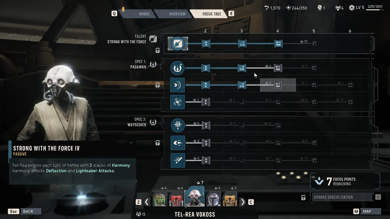 Focus Tree screen with the Strong with the Force IV talent selected and its passive description shown