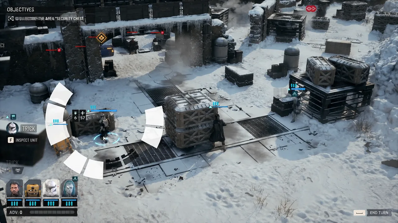 Objectives screen with an orange marker on the security chest and Trick selected for inspection