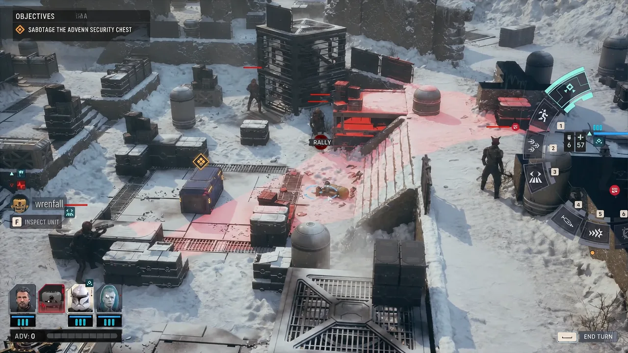 Objectives panel showing sabotage the Advenn Security Chest while the squad regroups mid-fight