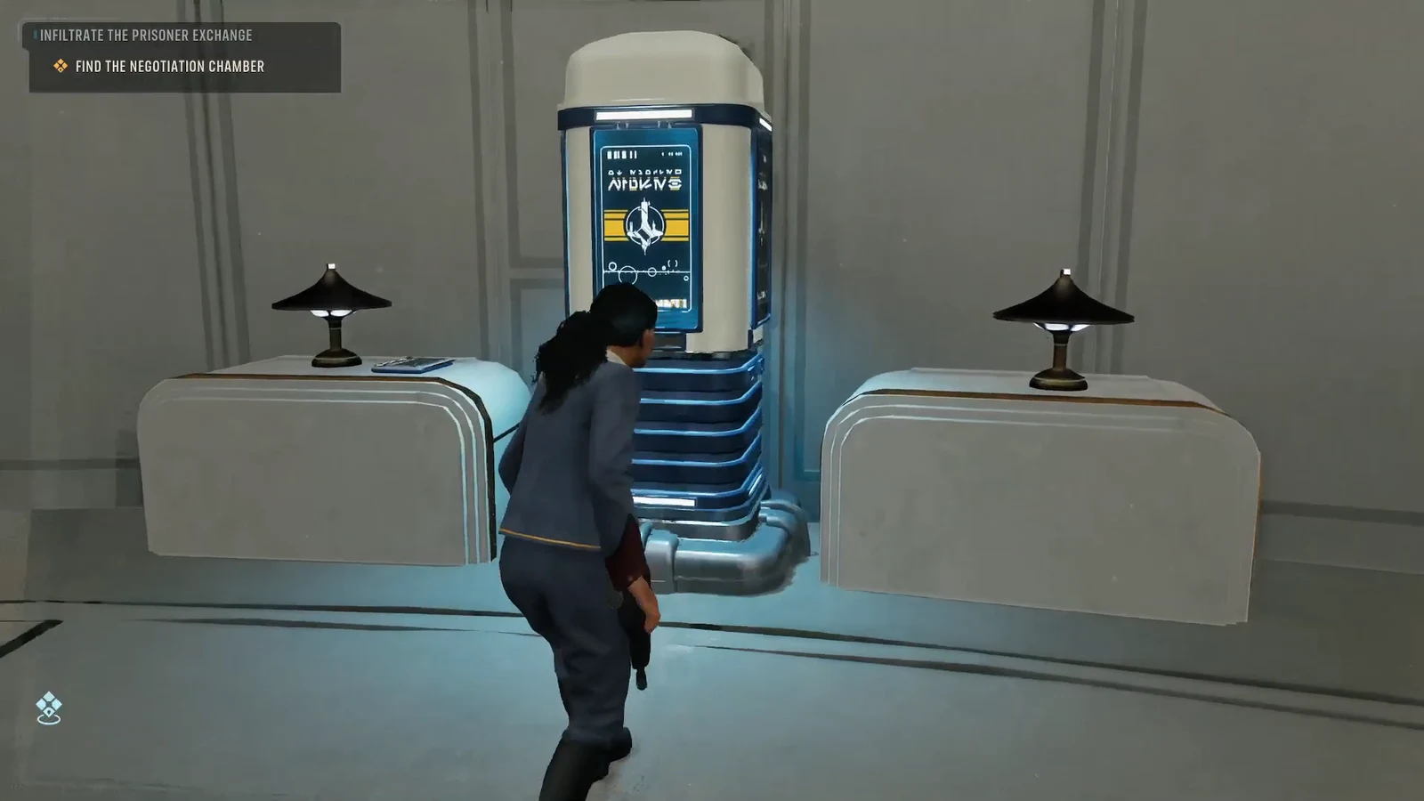 Glowing terminal in the white corridor with the Find the Negotiation Chamber objective on screen