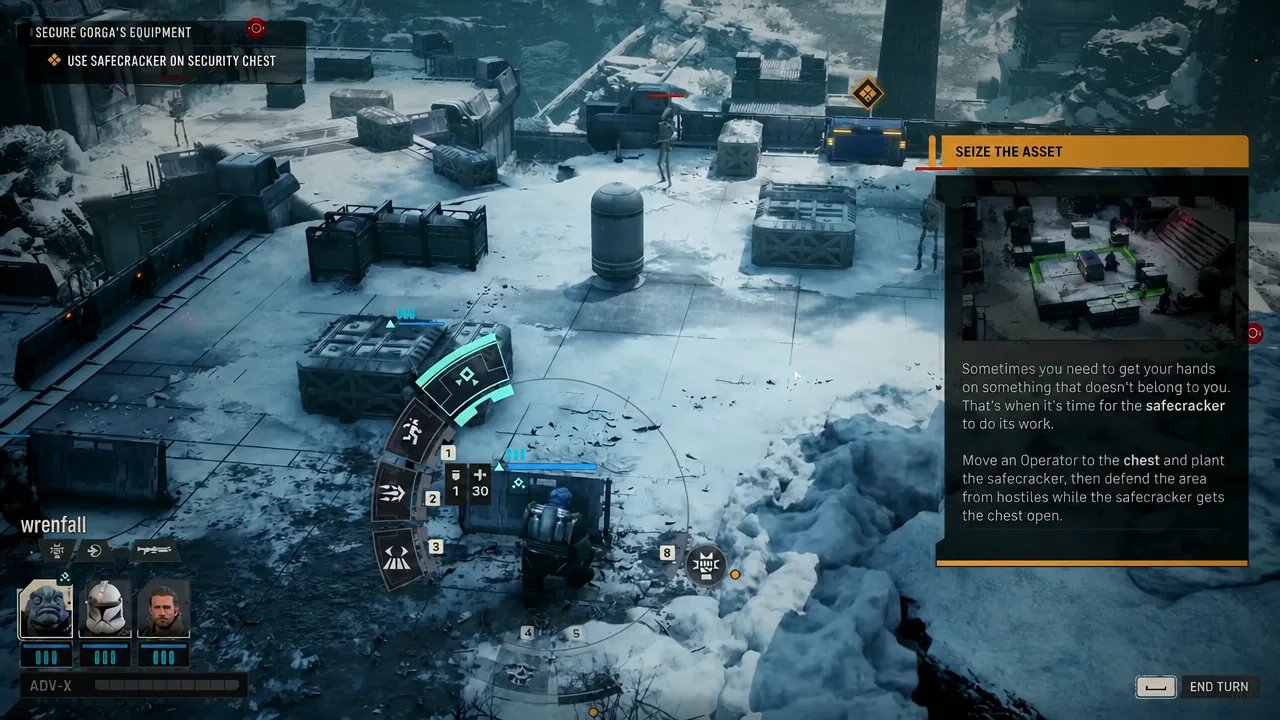 Seize the Asset objective with the Safecracker action highlighted on a security chest