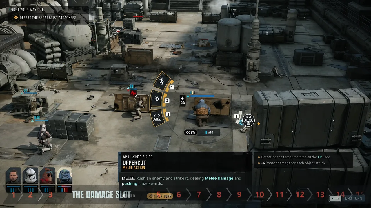 Combat screen with the Uppercut melee action selected against a nearby enemy