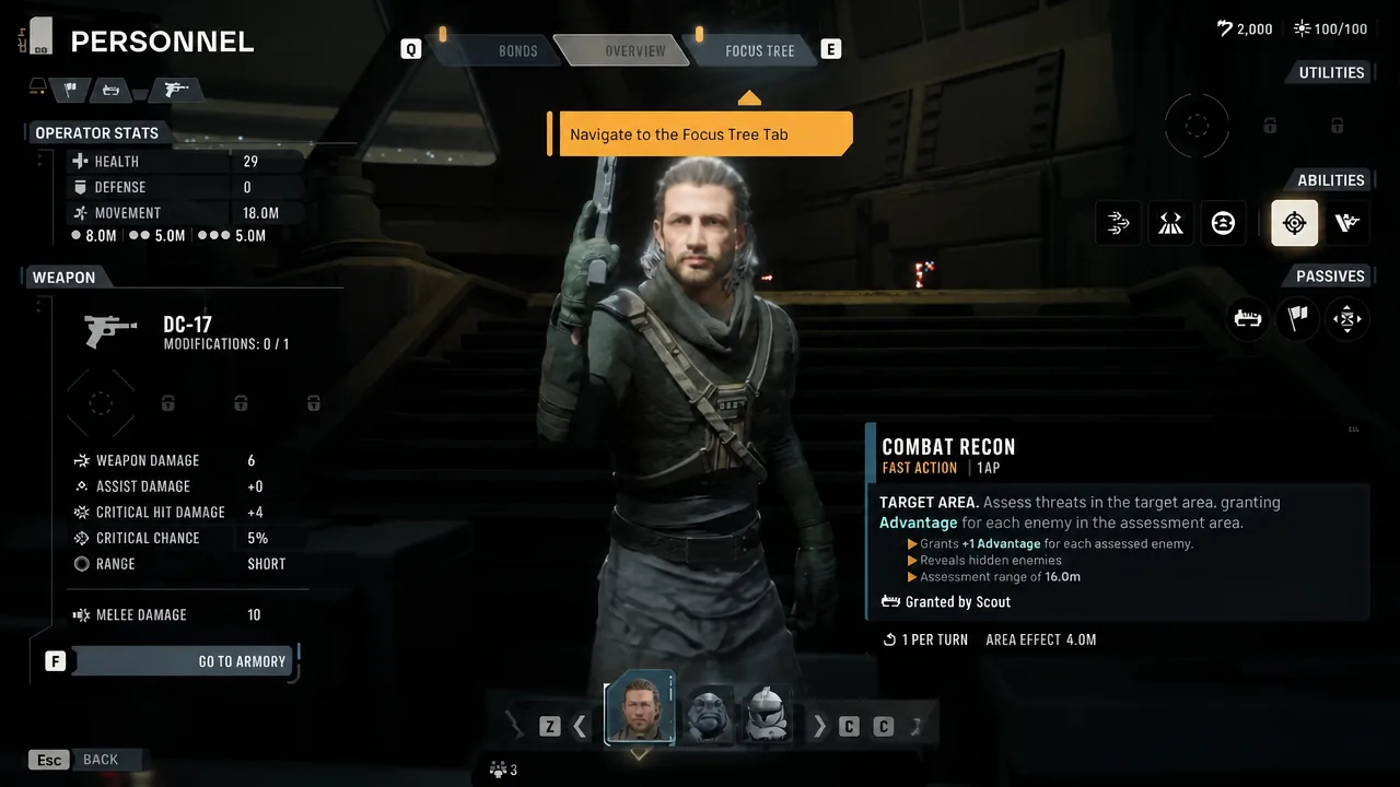 Personnel screen showing the Focus Tree tab used to rebuild an operator's specialization