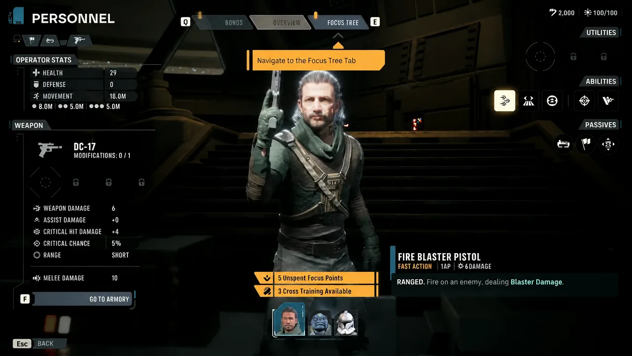 Personnel screen with the Focus Tree tab highlighted for spending focus points