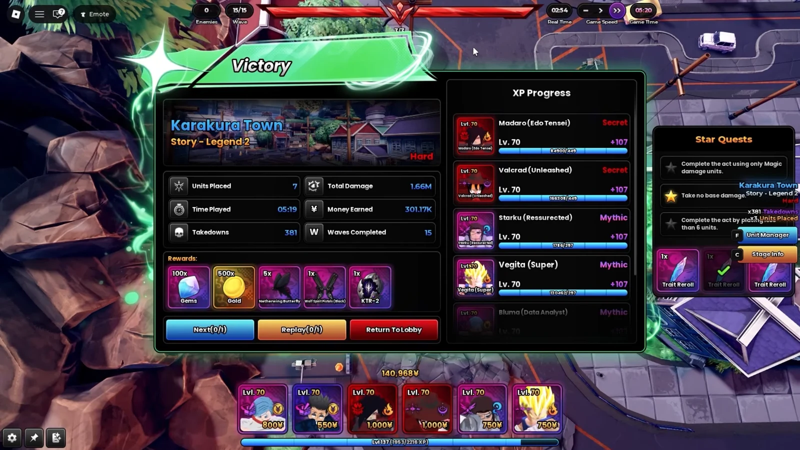 Karakura Town victory screen showing stage rewards and XP with Next, Replay, and Return options