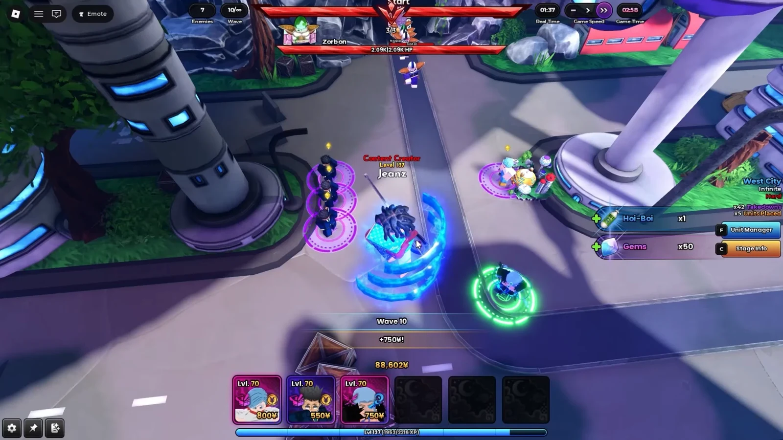 West City Infinite stage at Wave 10 with deployed units attacking Zarbon and upgrade controls visible