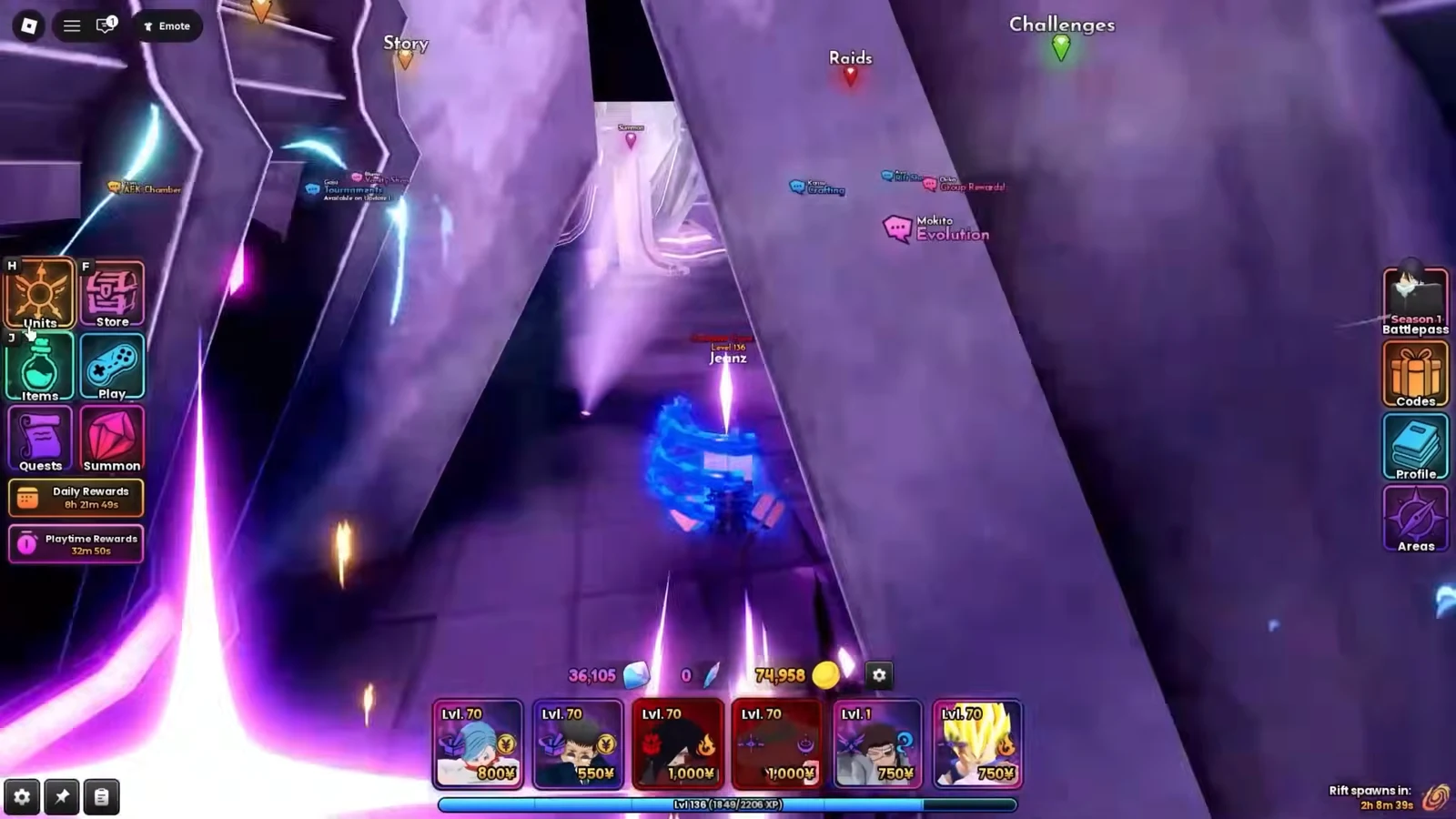 Purple Rift hub with Story, Raids, and Challenges doors and a spawn timer counting down