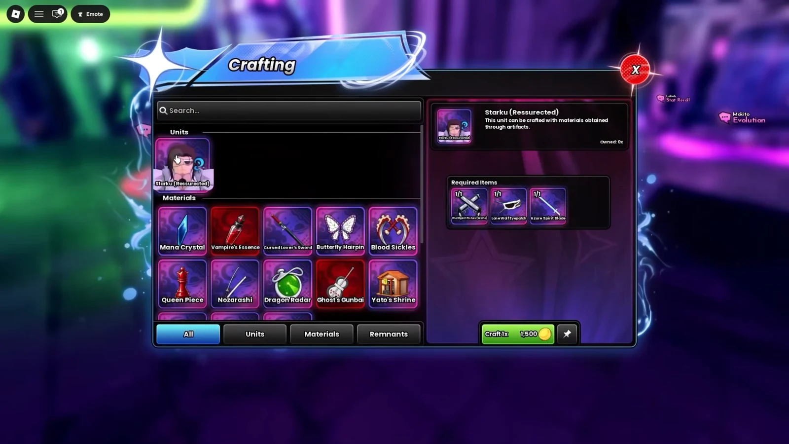 Crafting menu showing Starku (Resurrected) with required Artifacts and a green Craft button