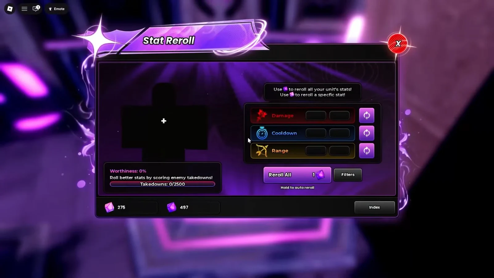Stat Reroll menu with Damage, Cooldown, and Range controls and a Reroll All button