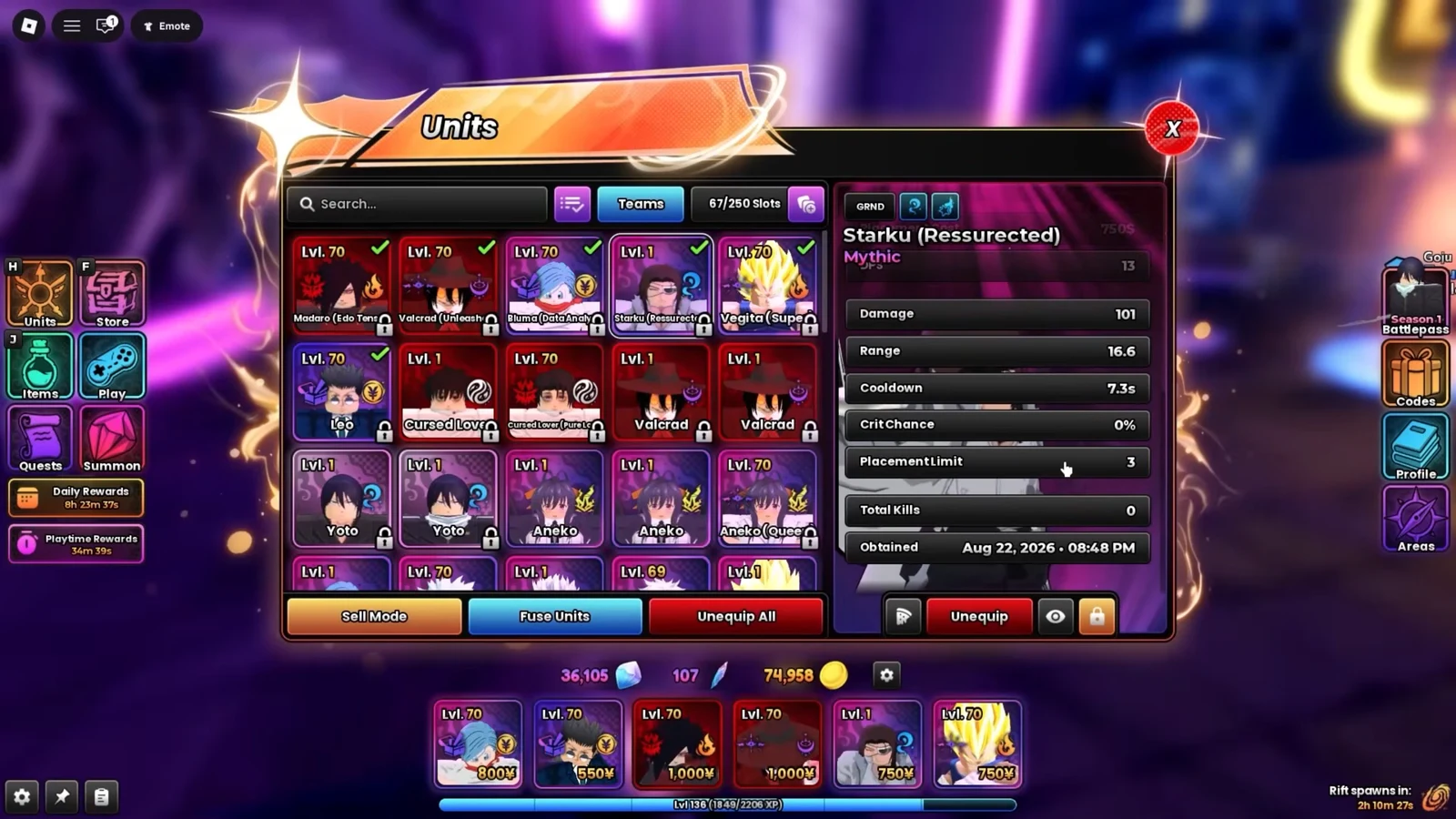 Units menu showing Starku (Resurrected) base stats with the unit equipped