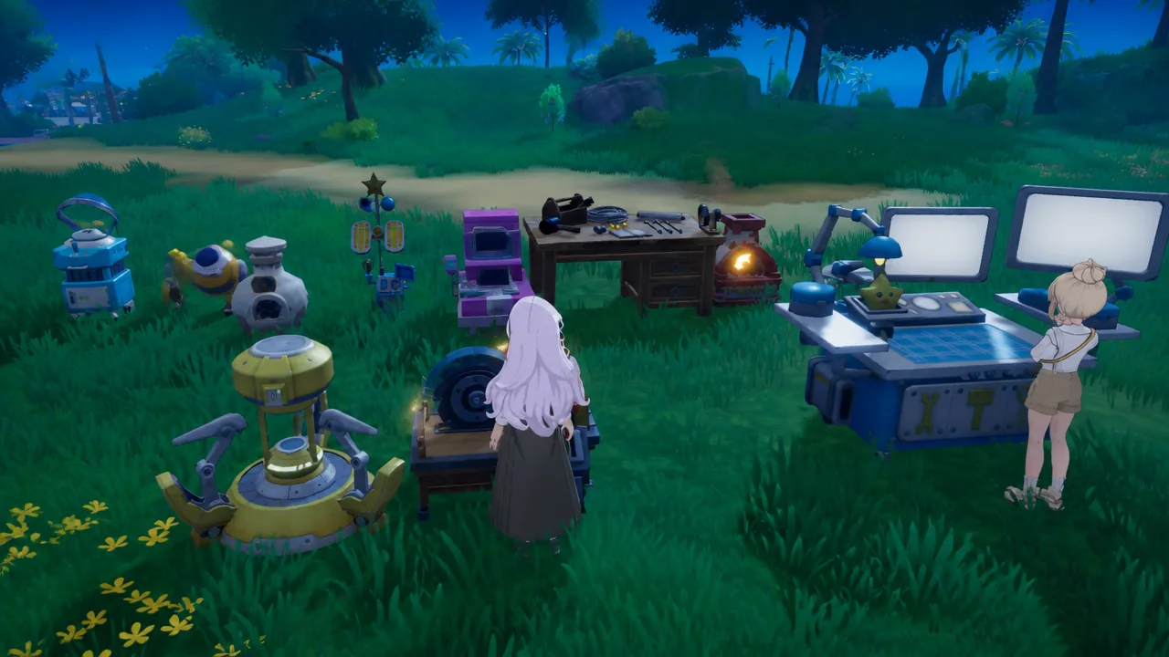 Player character standing at a crafting station inside a workshop full of production machines