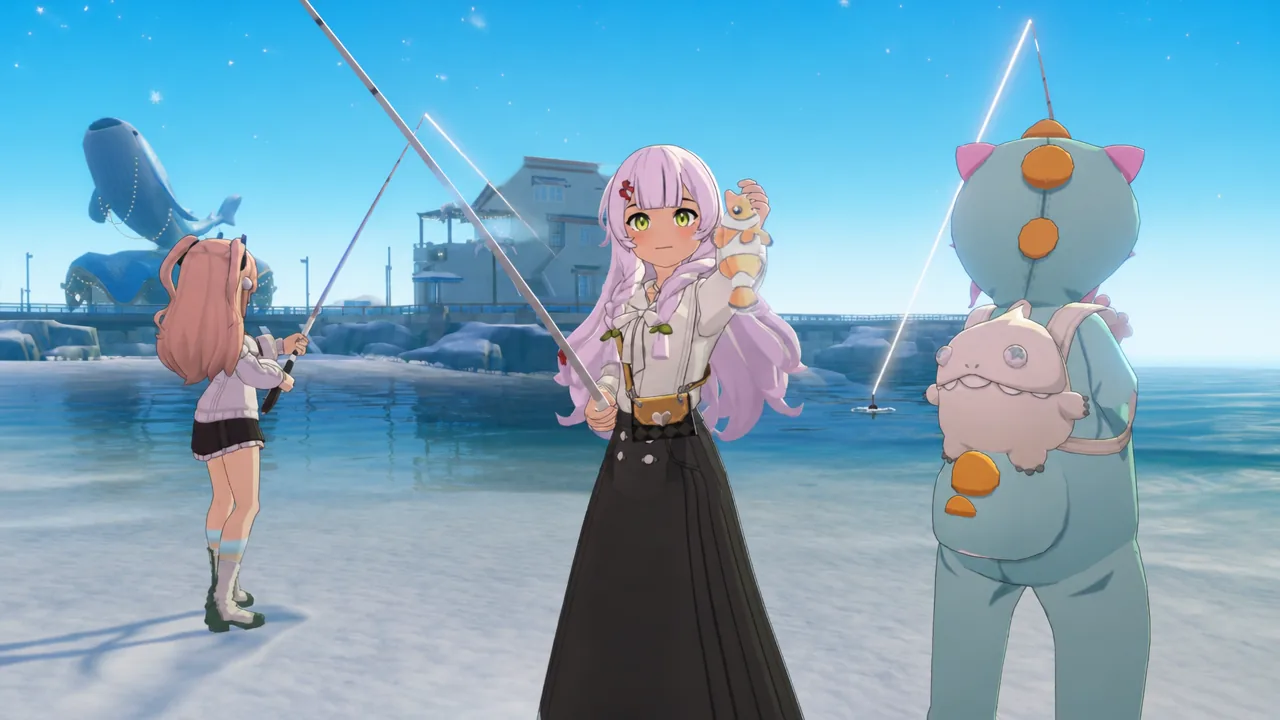 Four islanders fishing together on the shoreline in a shared Starsand Island session