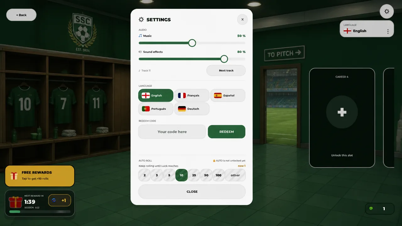 Settings menu open showing language and Auto Roll options next to the code redemption field